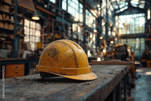 Worn Yellow Hard Hat on a Rough Wooden Surface in a Factory Setting