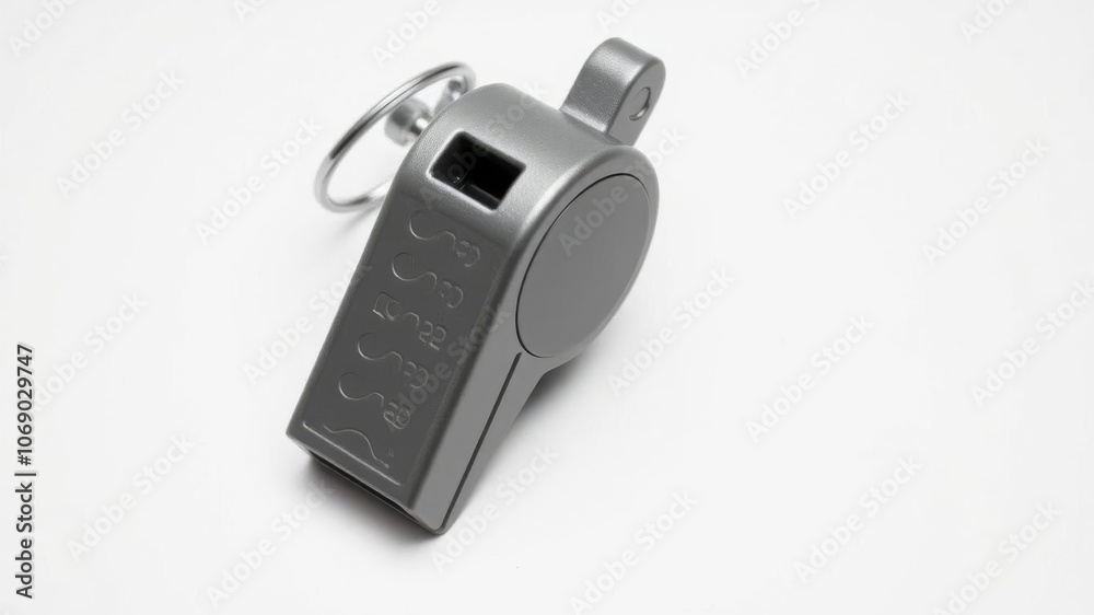 Grey background with a shiny metallic whistle in the center, security, referee Grey background with a shiny metallic whistle in the center, security, referee