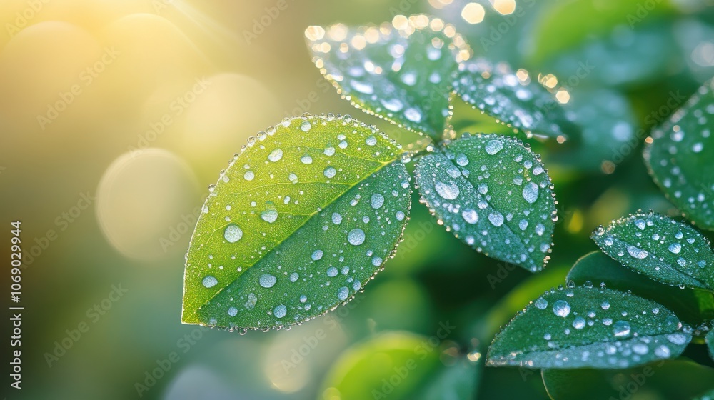 Closeup of dew drops on green leaves in sunlight. Closeup of dew drops on green leaves in sunlight.