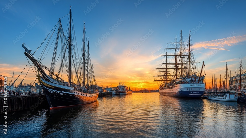A serene harbor scene at sunset featuring tall ships and calm waters. A serene harbor scene at sunset featuring tall ships and calm waters.