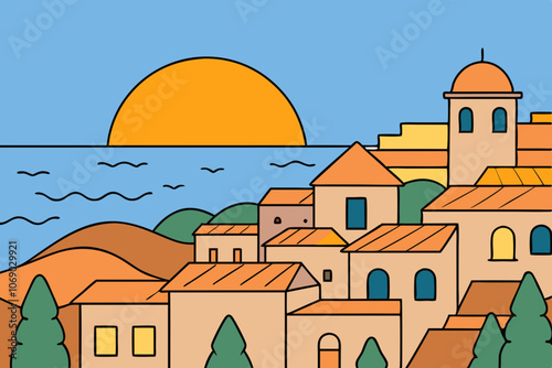 Cartoon Sunset Over a Mediterranean Village Terracotta Rooftops, Cobblestone Streets, and Olive Trees by the Sea