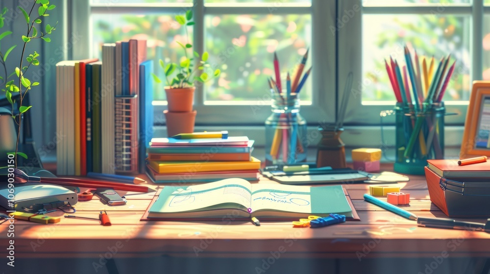 Desk with colorful books, pencils, and notebooks in front of a window Desk with colorful books, pencils, and notebooks in front of a window