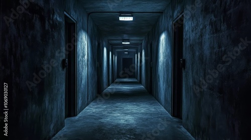 A dimly lit corridor with multiple door, creating a mysterious and eerie atmosphere.