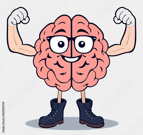 The Powerful Mind, Power of the Mind, Smart Strength, Brain Power, The illustration depicts a cartoon brain character.  The brain has a smiling face, wearing eyeglasses and sturdy boots.