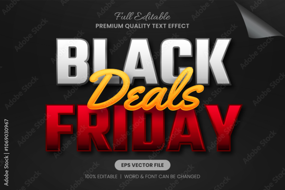 Obraz premium Black Friday Deals editable text effect, font graphic style bold and glossy letters with a striking contrast of black, red, and yellow, perfect for sale banners, promotional posters, and shopping ads.