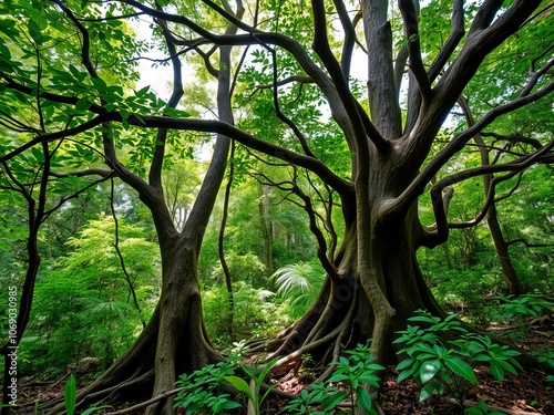 Lush green forest with thick foliage and tall trees providing shade, growth, habitat