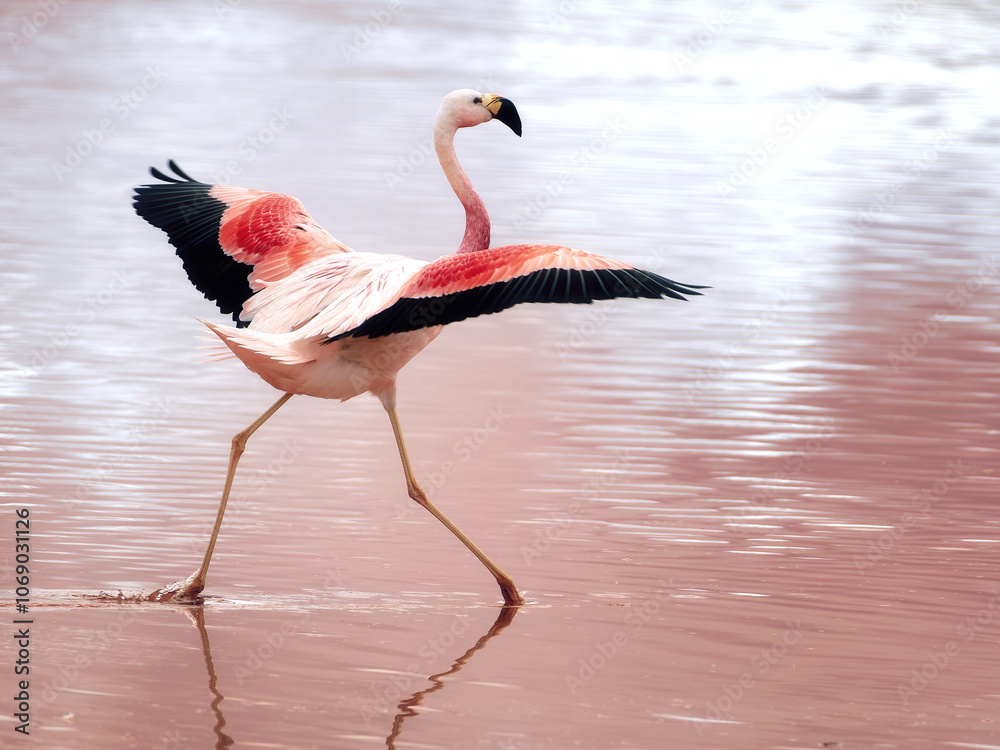 Fototapeta premium Single Flamingo Wading in Laguna Colorada