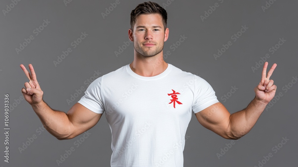 Muscular Man Peace Sign White T Shirt Studio Shot Fitness Strong Healthy Muscular Man Peace Sign White T Shirt Studio Shot Fitness Strong Healthy