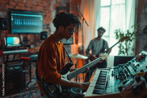 Two young musicians playing their instruments and composing new music inside a recording studio photo