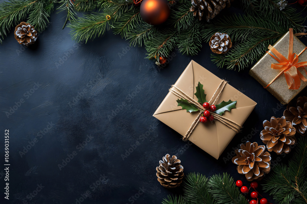 Christmas gift boxes and decorations lying on dark background with fir branches creating a frame Christmas gift boxes and decorations lying on dark background with fir branches creating a frame