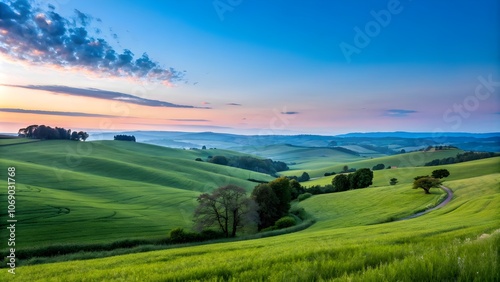 Green Fields under Bright Blue Sky at Dawn, Serene Dawn Landscape with Green Fields and Blue Sky