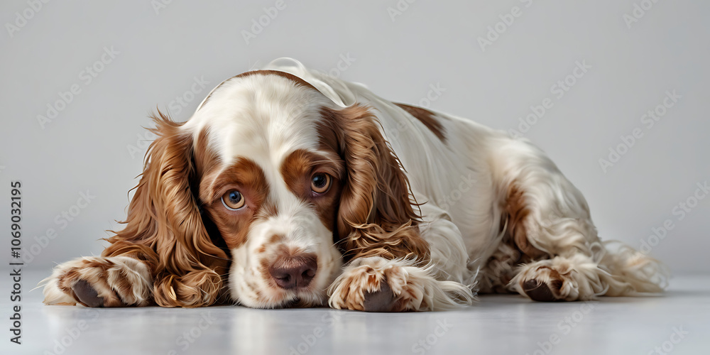 cute dog lying on white background, created by generative AI cute dog lying on white background, created by generative AI