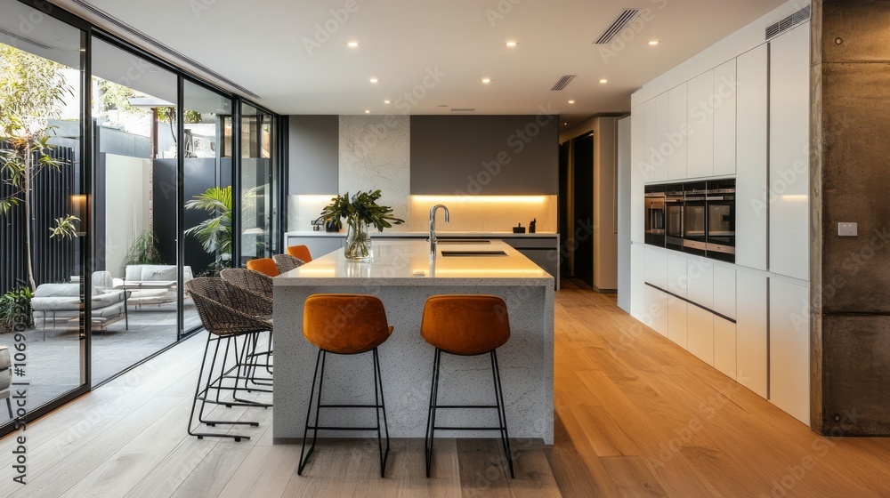 Modern Kitchen Island with Bar Stools and Patio View Modern Kitchen Island with Bar Stools and Patio View