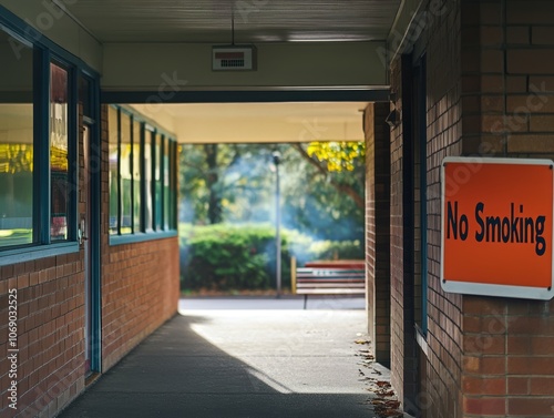 School Entrance with No Smoking Sign in Bright Light photo