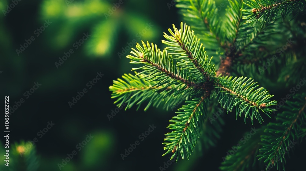 Detailed closeup of a pine tree branch, showcasing vibrant green needles and natural texture