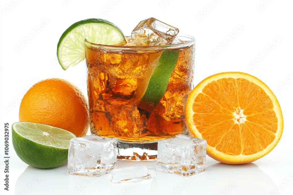 orange cocktail with ice and lime isolated on white background