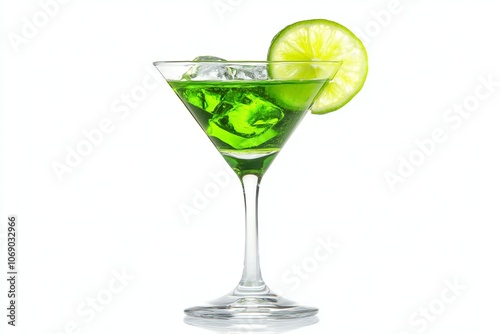 green cocktail with ice and lime isolated on white background