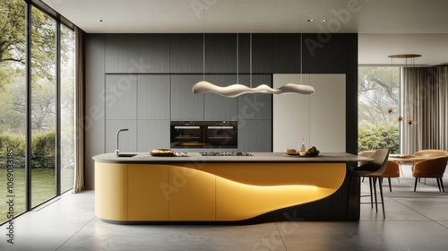 Modern kitchen with a yellow curved island and a unique light fixture