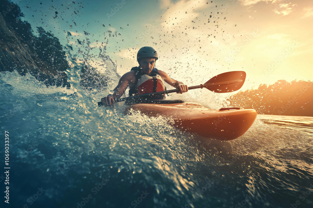 Kayaking through river rapids at sunset, the man paddles with energy and speed, embracing the challenge of the water sport Kayaking through river rapids at sunset, the man paddles with energy and speed, embracing the challenge of the water sport