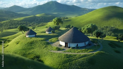 Zulu village surrounded by rolling green hills in South Africa