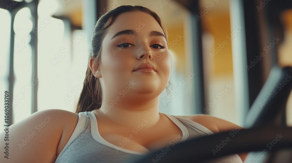 Obraz premium Młoda kobieta, mająca okrągłe kształty, z zapałem ćwiczy w siłowni. Jej radosna postawa i zaangażowanie w trening emanują energią, inspirując innych do dbania o formę.