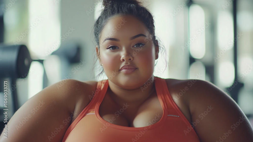 Naklejka premium Młoda kobieta, mająca okrągłe kształty, z zapałem ćwiczy w siłowni. Jej radosna postawa i zaangażowanie w trening emanują energią, inspirując innych do dbania o formę.