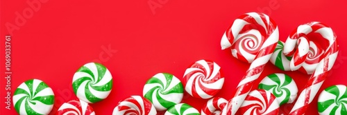 Peppermint candy cane on red striped background, Christmas, December photo