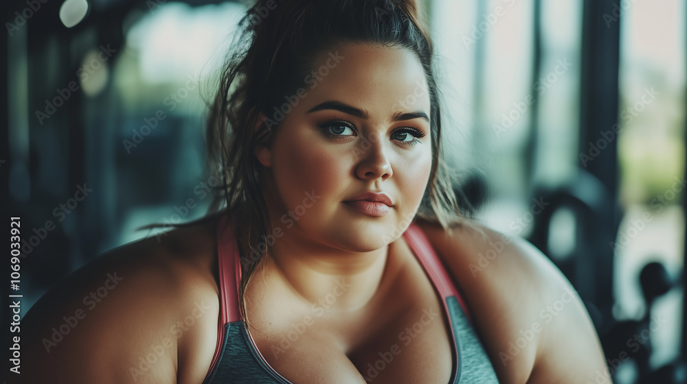Naklejka premium Młoda kobieta, mająca okrągłe kształty, z zapałem ćwiczy w siłowni. Jej radosna postawa i zaangażowanie w trening emanują energią, inspirując innych do dbania o formę.