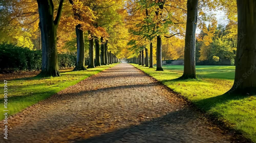 A paved pathway winds through a park lined with tall trees in the fall A paved pathway winds through a park lined with tall trees in the fall