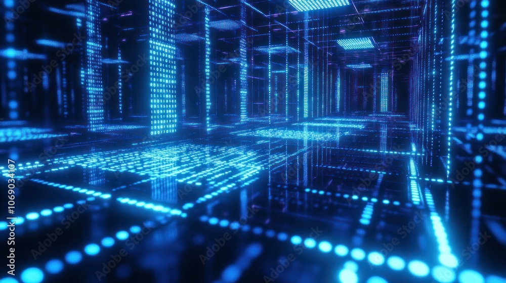 Futuristic Blue Digital Corridor with Bright Lights Futuristic Blue Digital Corridor with Bright Lights