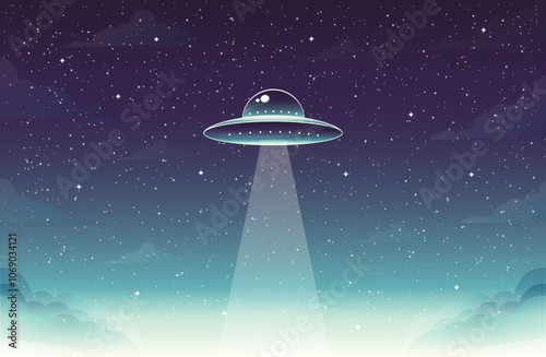 starry sky with UFO flat vector illustration