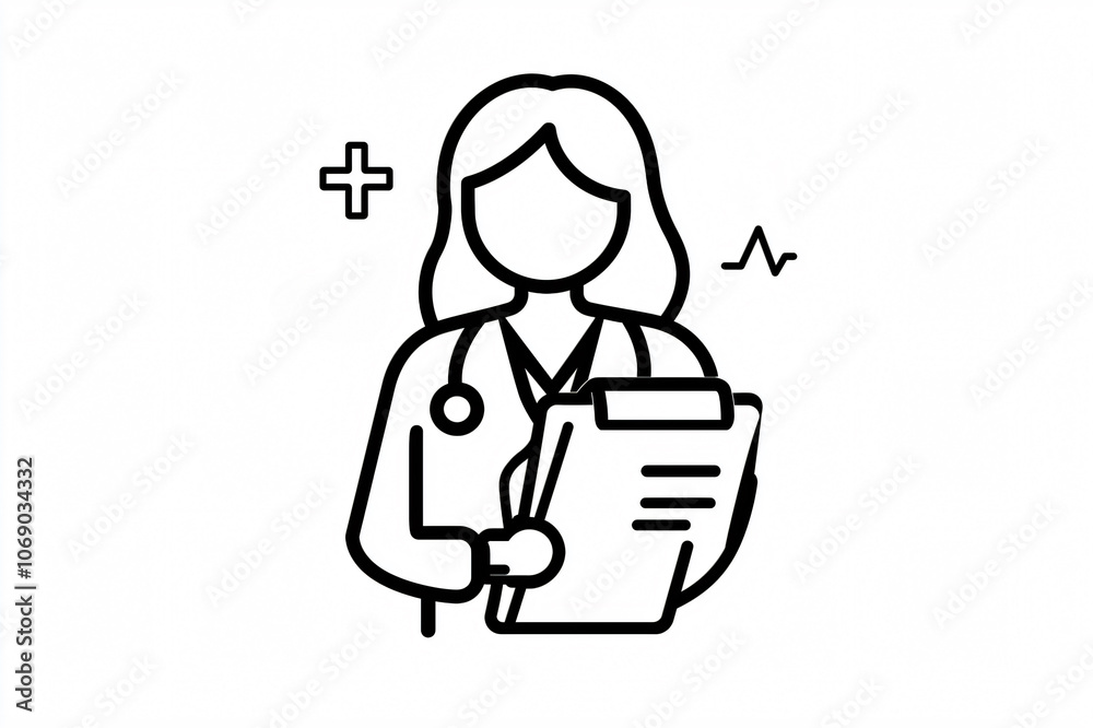 Line art icon of a female doctor character wearing a stethoscope and holding a clipboard taking notes Line art icon of a female doctor character wearing a stethoscope and holding a clipboard taking notes