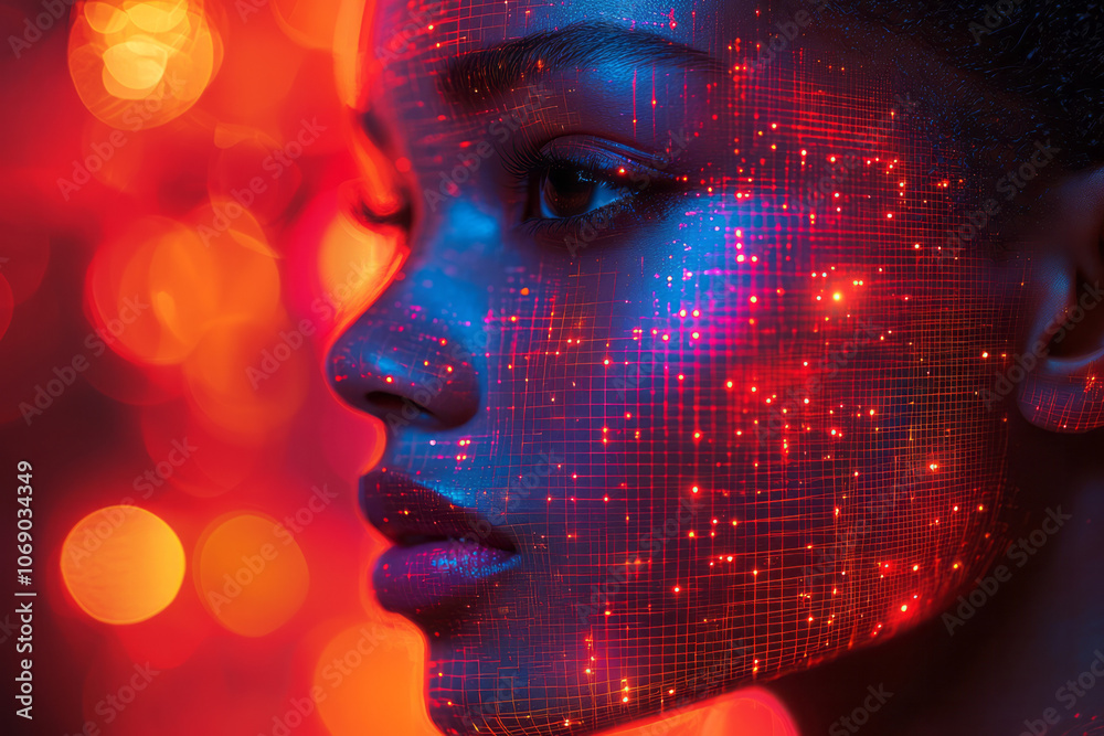 A digital grid-patterned head in geometric form, glowing in vibrant colors, giving a modern, sci-fi look, A digital grid-patterned head in geometric form, glowing in vibrant colors, giving a modern, sci-fi look,