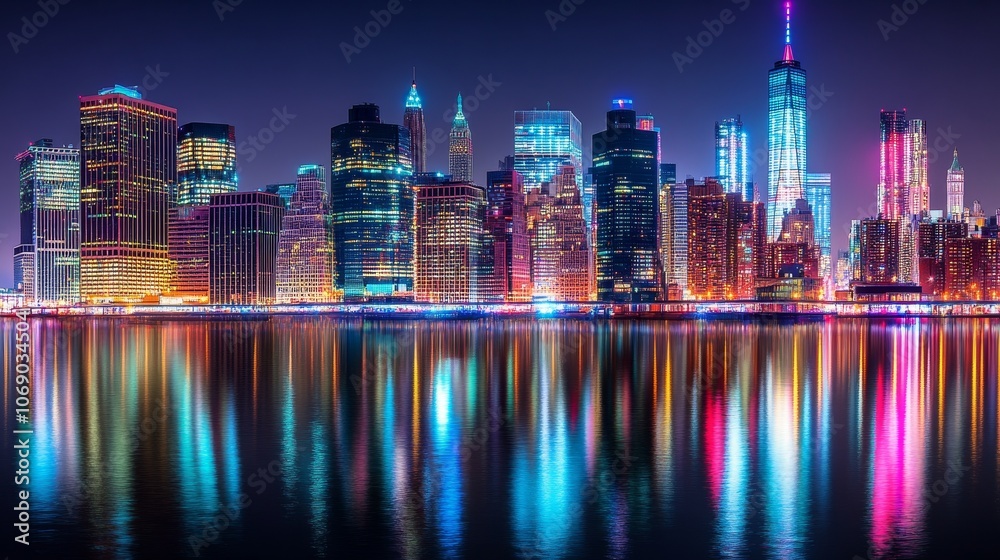 Vibrant city skyline at night reflecting in water, showcasing urban beauty and nightlife. Vibrant city skyline at night reflecting in water, showcasing urban beauty and nightlife.