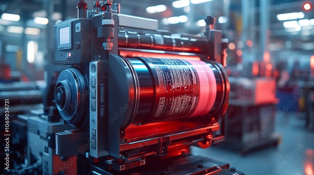 Industrial Printing Press High Tech Manufacturing Factory Machine Closeup Industrial Printing Press High Tech Manufacturing Factory Machine Closeup