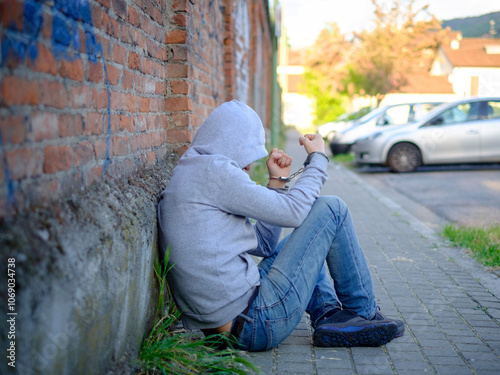 portrait of handcuffed man with face hidden by sweatshirt hood