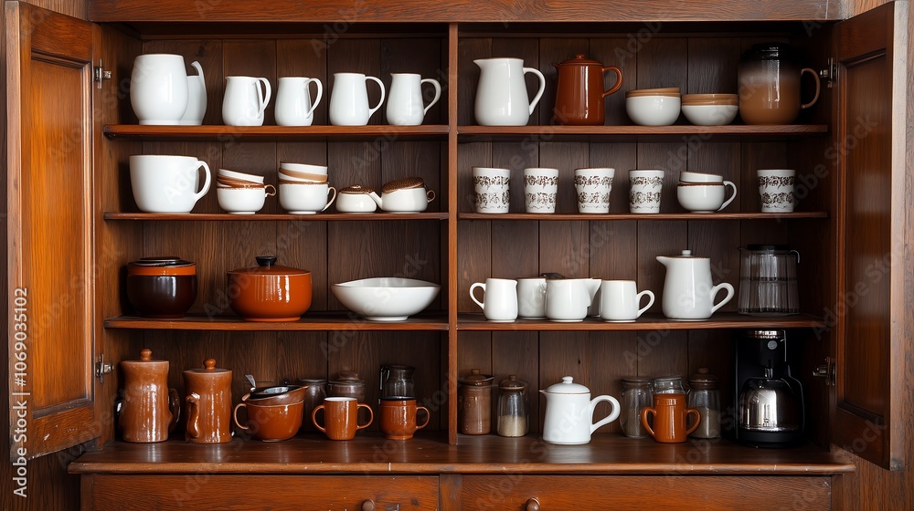 An open wooden kitchen cabinet door, revealing neatly arranged shelves inside. The scene has a cozy, homey feel, and organic look of the ceramic pieces in a warm kitchen setting. An open wooden kitchen cabinet door, revealing neatly arranged shelves inside. The scene has a cozy, homey feel, and organic look of the ceramic pieces in a warm kitchen setting.
