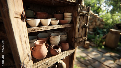 An open wooden kitchen cabinet door, revealing neatly arranged shelves inside. The scene has a cozy, homey feel, and organic look of the ceramic pieces in a warm kitchen setting. photo