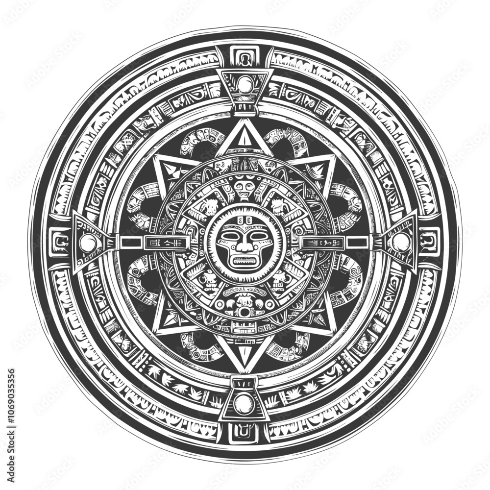 Circular Design with a Central Mask and Intricate Aztec Patterns Circular Design with a Central Mask and Intricate Aztec Patterns