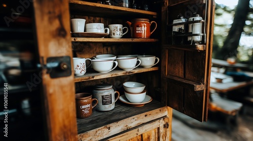 An open wooden kitchen cabinet door, revealing neatly arranged shelves inside. The scene has a cozy, homey feel, and organic look of the ceramic pieces in a warm kitchen setting. photo