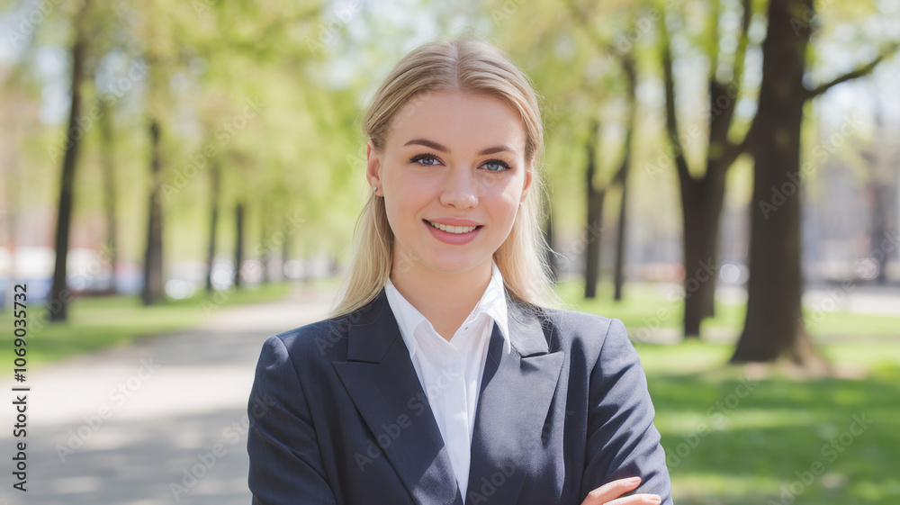 A confident young Caucasian woman in a business suit stands with her arms crossed, smiling warmly in a sunny park filled with green trees. A confident young Caucasian woman in a business suit stands with her arms crossed, smiling warmly in a sunny park filled with green trees.