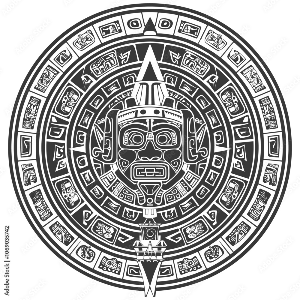 Obraz premium Circular Aztec Design with Central Mask and Surrounding Symbols
