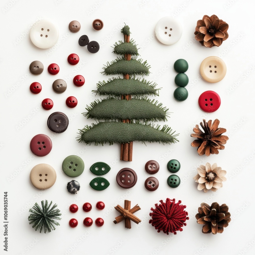 A whimsical arrangement of buttons and pinecones shaped like a Christmas tree, highlighting a festive and creative holiday theme. A whimsical arrangement of buttons and pinecones shaped like a Christmas tree, highlighting a festive and creative holiday theme.