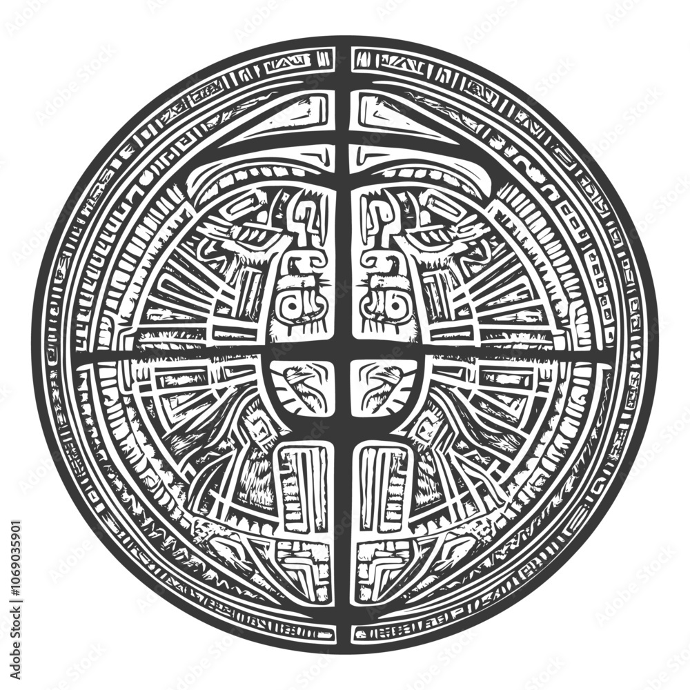 Circular Aztec Style Design with Geometric Patterns and Stylized Faces Circular Aztec Style Design with Geometric Patterns and Stylized Faces