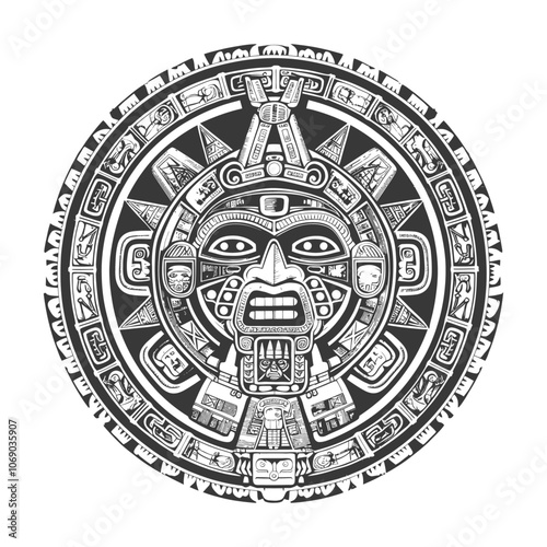 Circular Aztec Style Design with Detailed Mask and Glyphs