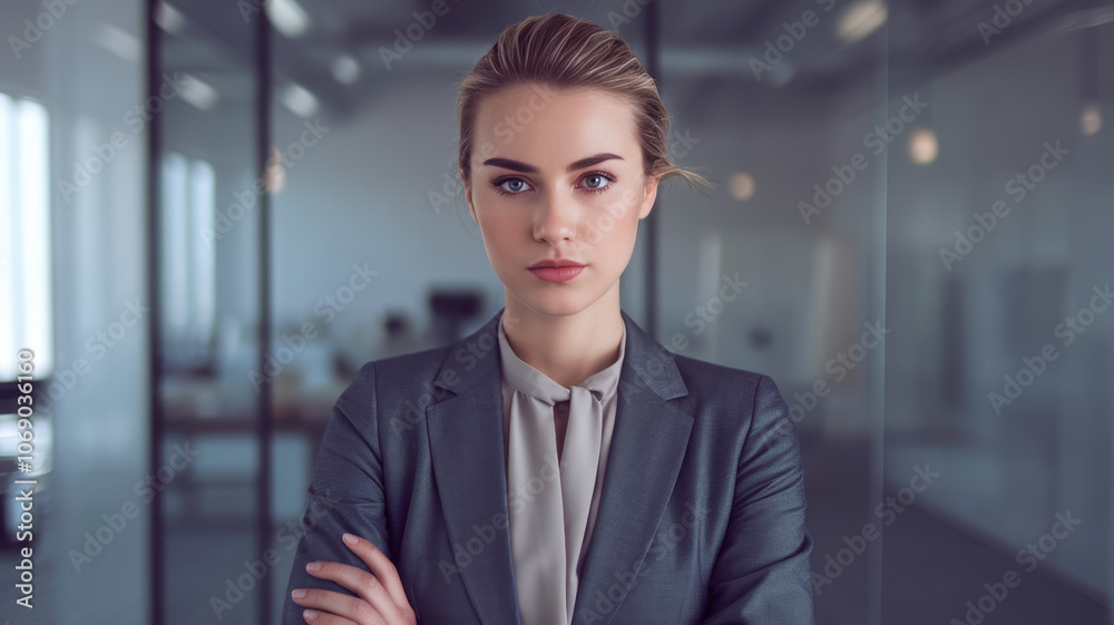 Confident young Caucasian woman in a business suit standing with arms crossed, exuding professionalism in a modern office environment. Confident young Caucasian woman in a business suit standing with arms crossed, exuding professionalism in a modern office environment.