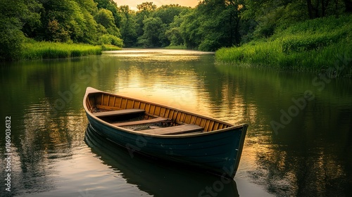 A small boat on a peaceful river.