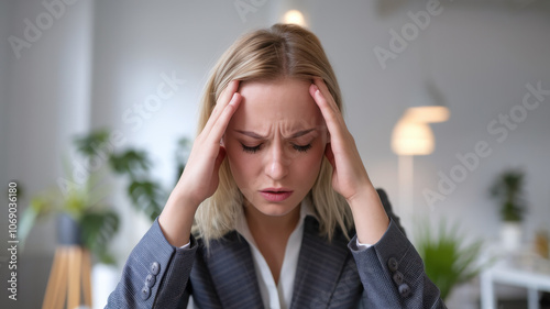 A young Caucasian woman in a professional suit shows signs of stress while working at her desk, surrounded by greenery and soft lighting in a modern office setting.