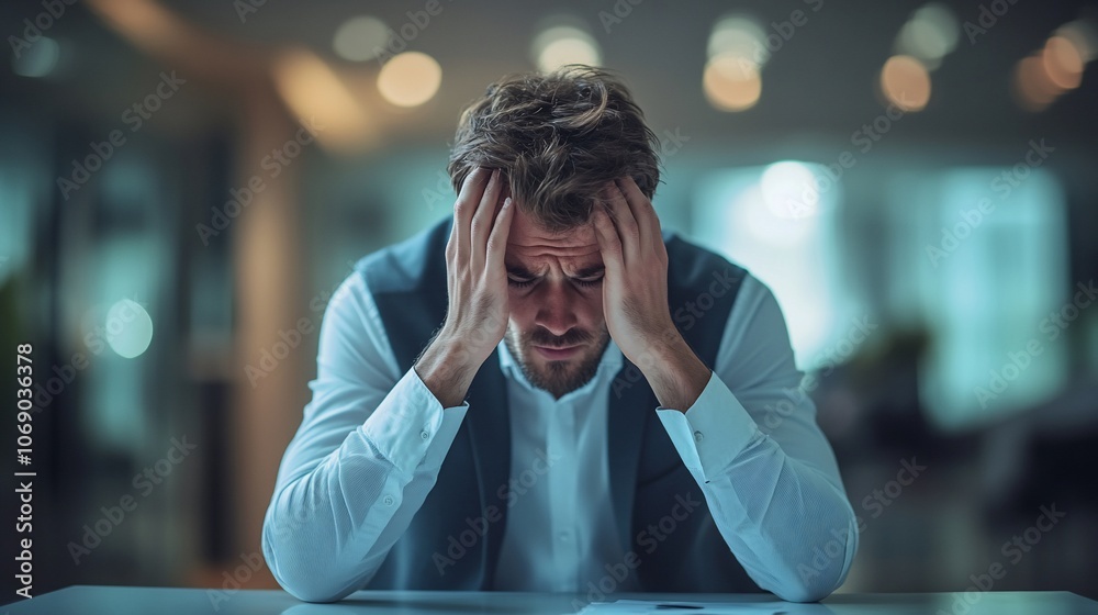 A businessman sits at a desk in an office with his head in his hands, looking stressed and overwhelmed. A businessman sits at a desk in an office with his head in his hands, looking stressed and overwhelmed.