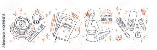 Charming doodle set of morning routine essentials: cozy breakfast items, gratitude journaling, planning, yoga, skincare, and cosmetics. Wellness-focused start to the day, ideal for lifestyle themes.